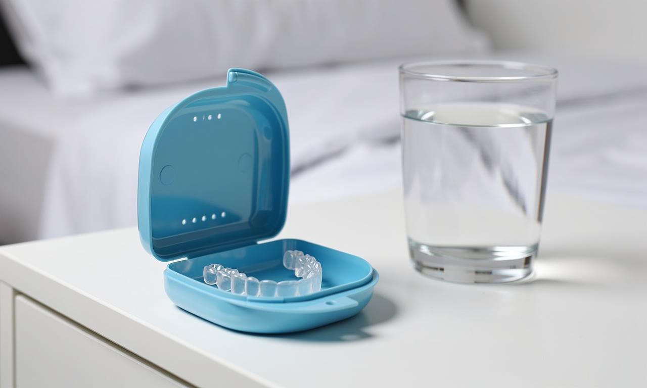Férula de descarga para bruxismo nocturno en estuche azul con vaso de agua